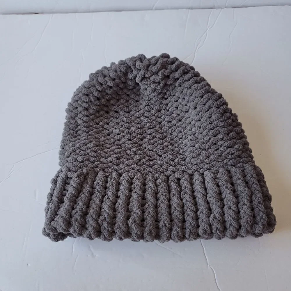 Hand made gray crochet cable knit beanie hat one size